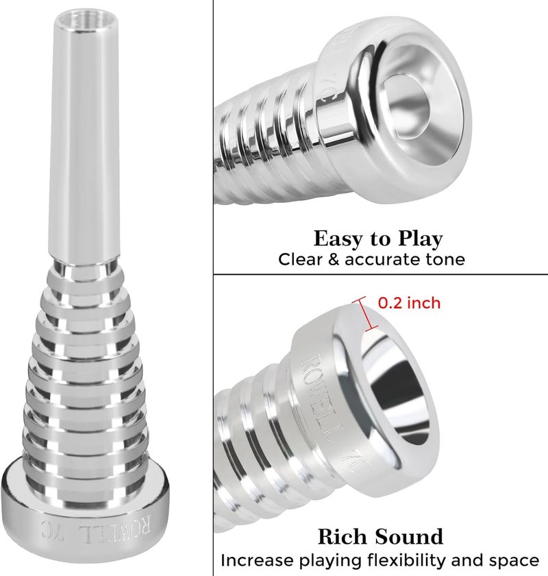ROWell Trumpet Mouthpiece 7C Trumpet Mouthpiece Bass Trumpet Mouthpieces Silver Plated Trumpet Mouthpiece for Beginners and Professional Players Band Jazz Mouthpiece Trumpet Accessories - Image 3